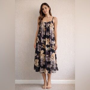 TCEC Black and Cream Floral Midi Dress